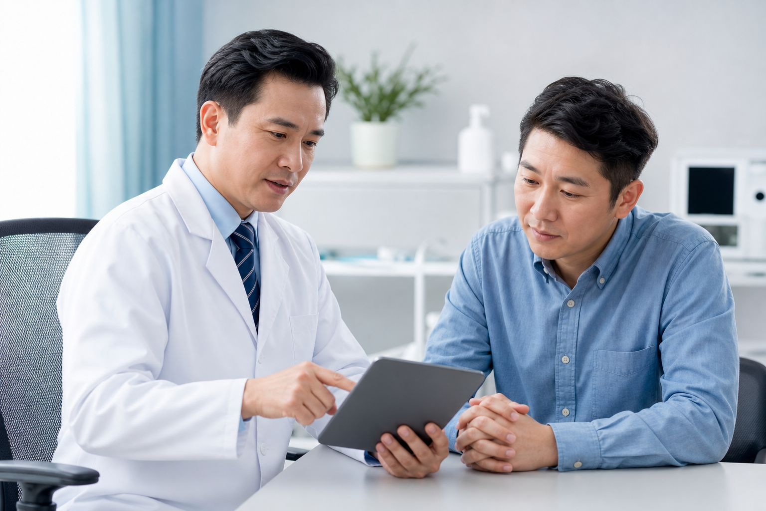 亞洲醫護人員在診所與客人講解檢查安排