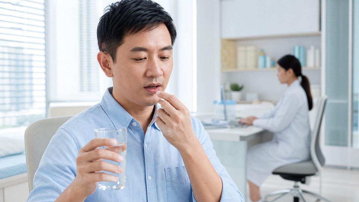 客人在診所內以清水吞服膠囊